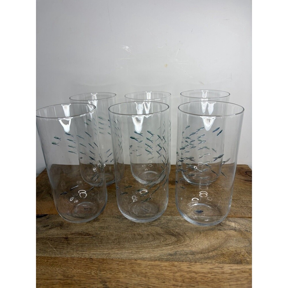 6 CYNTHIA ROWLEY BLUE ETCHED FISH TALL DRINKING GLASSES 6” Water